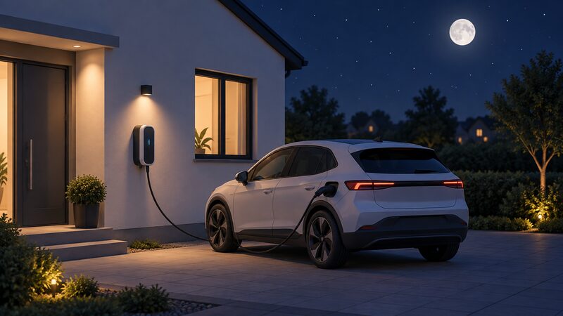 A small isometric night scene of a house exterior wall with a wallbox EV charger mounted beside a parked electric car, its charging cable running from the wallbox to the car's charge port, under a dark sky with a moon and stars.