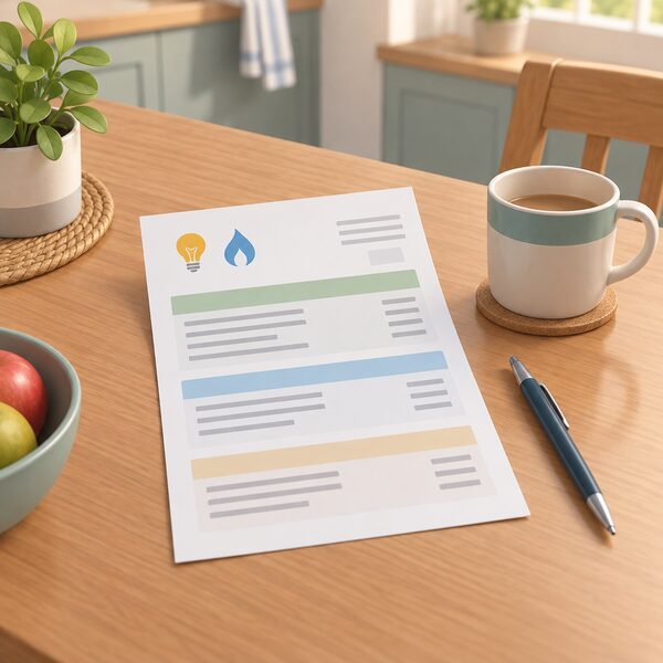 A paper household energy bill lying on a kitchen table, printed with blank lines and plain colour bands where the tariff name, unit rates and standing charges would appear, beside a pen and a mug.