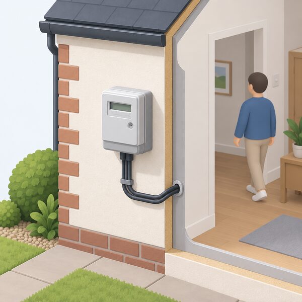 A domestic electricity meter mounted on an outside wall of a home, shown in a simple cutaway view with the supply cable running into the house, as the meter component listed on a household energy bill.