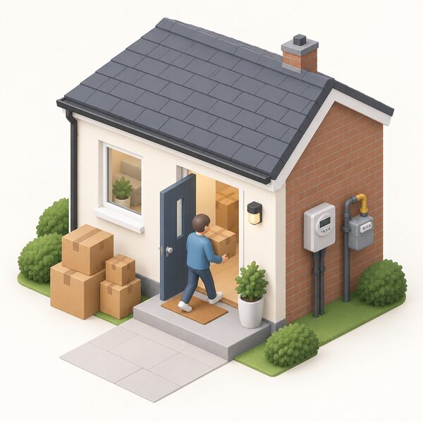 A small isometric figure carrying a cardboard moving box through the open front door of a new home, with more stacked boxes beside the doorstep and a electricity meter and gas meter visible on an outside wall of the house.