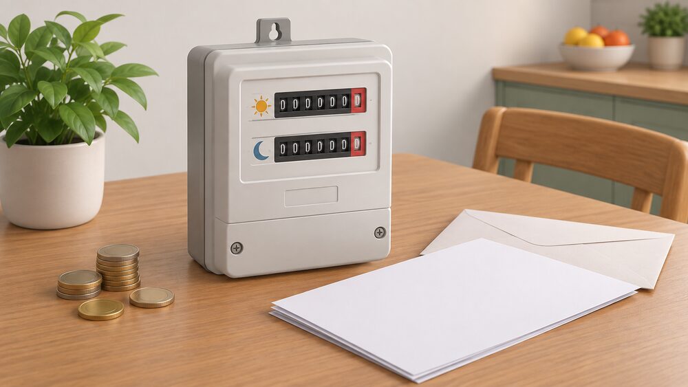 A domestic electricity meter with two rate registers sits on a kitchen table beside blank supplier paperwork, a plain envelope and a small stack of coins, suggesting the cost of arranging a meter change through a supplier.