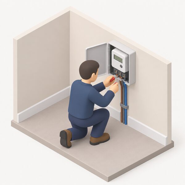 A simplified isometric engineer in plain clothing kneeling beside an electricity meter mounted on the inside wall of a home, using a hand tool on the open meter panel with the incoming supply cables visible, showing the supplier-arranged meter reprogramming or fitting described in the section.