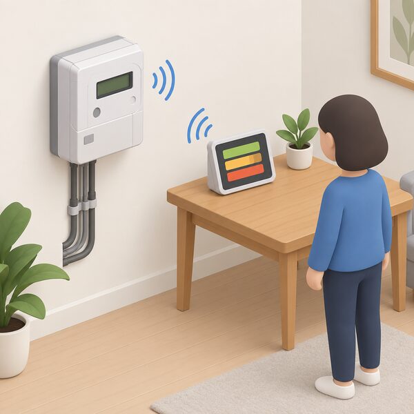 A smart electricity meter mounted on an interior wall with its separate smart meter display standing on a nearby table, connected wirelessly as shown by simple signal arcs, with a small simplified figure glancing at the display screen.
