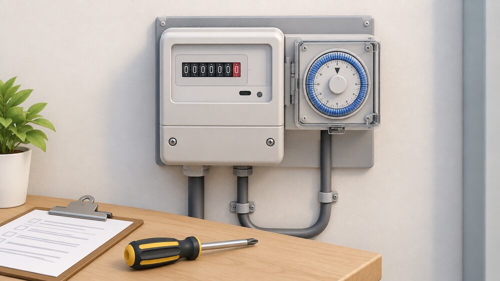 A close-up of a wall-mounted restricted electricity meter with a mechanical timeswitch dial beside it, its cover intact, with a screwdriver and clipboard resting nearby to suggest an engineer configuring the meter's fixed schedule.