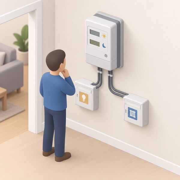 A two-rate household electricity meter mounted on an interior wall, with two sets of supply cables leaving it to feed separate circuits, and a simplified isometric figure inspecting or reading it.