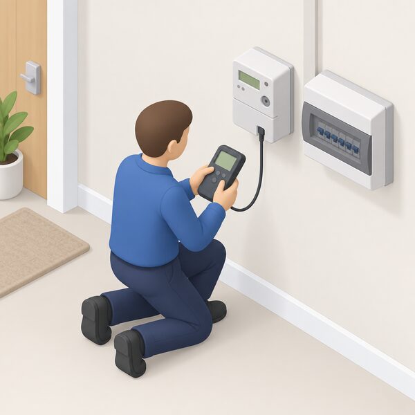 An engineer kneeling beside the household electricity meter, which is mounted on an inside wall near the consumer unit, using a handheld programming device connected to the meter by a cable to reprogramme it for a different tariff plan.