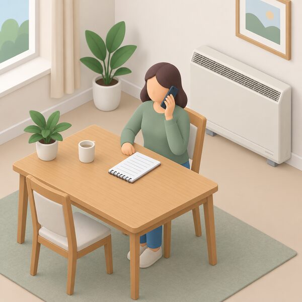 A householder sitting at a table in an all-electric home holds a phone to their ear while speaking to a supplier, with a notepad of blank lines beside them and a storage heater visible in the background.