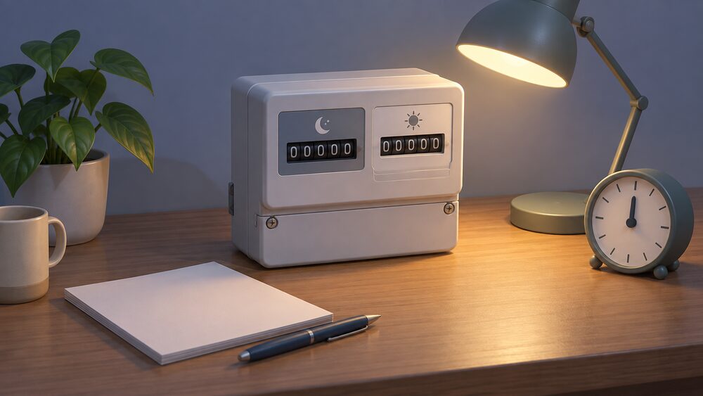 A small domestic electricity meter with two displays standing on a table beside blank paperwork, a pen and a clock whose hands point to the middle of the night, all lit by a small lamp to suggest the overnight cheap-rate window.