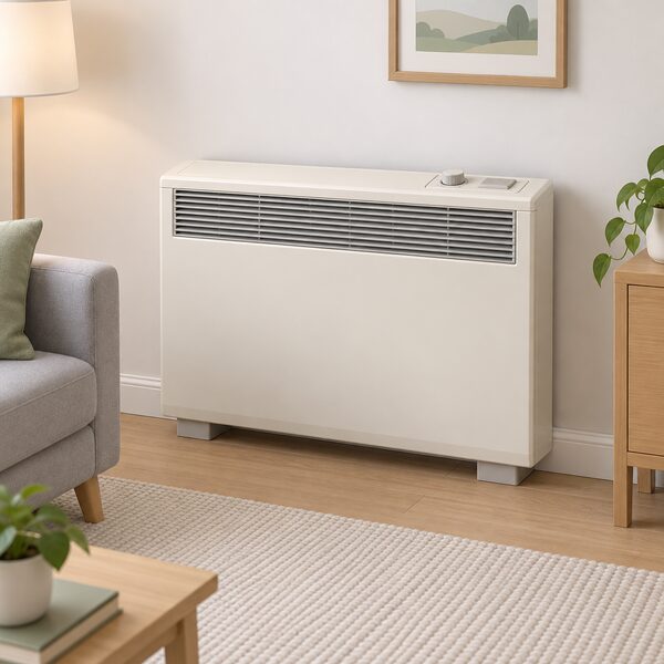 A plain electric storage heater standing against the wall of a simply furnished domestic room, drawn as a typical appliance used with Economy 7 and Economy 10 tariffs, with its charging controls on top and its heat outlet grille facing into the room.