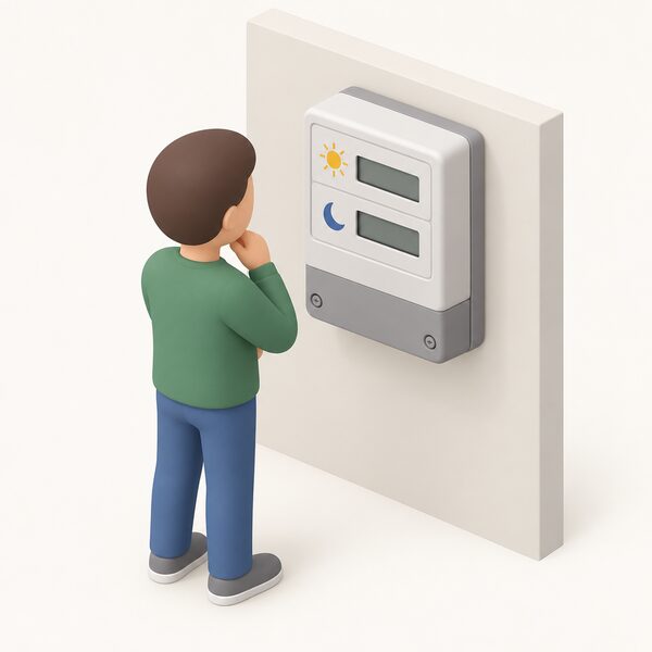 A simplified isometric figure stands beside a wall-mounted Economy 7 electricity meter with two digital registers, the upper one marked day and the lower one marked night, reading the displays to confirm which register is which.