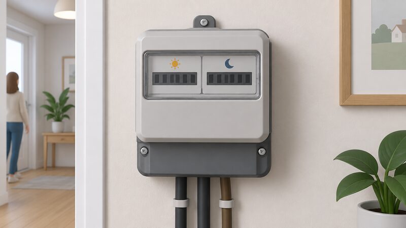 A close-up of a wall-mounted Economy 7 electricity meter with two separate registers on its display, one for day and one for night readings, shown as a physical meter in a home setting with blank line-style digits that carry no readable figures.