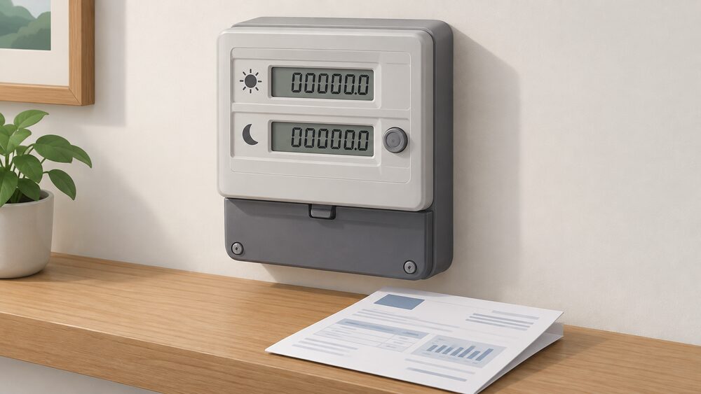A close-up of a wall-mounted Economy 7 electricity meter with two separate registers, one for day and one for night, with a finger-length button beside the display and a folded paper bill resting on the ledge below it.