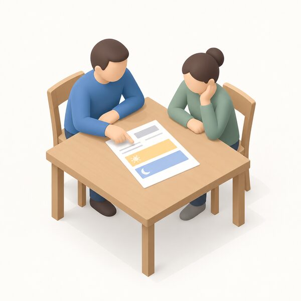 A household at a kitchen table examining a paper energy bill laid flat, its charges shown as two separate plain colour bands representing a day rate and a night rate, with one figure pointing at the bill while the other looks on.