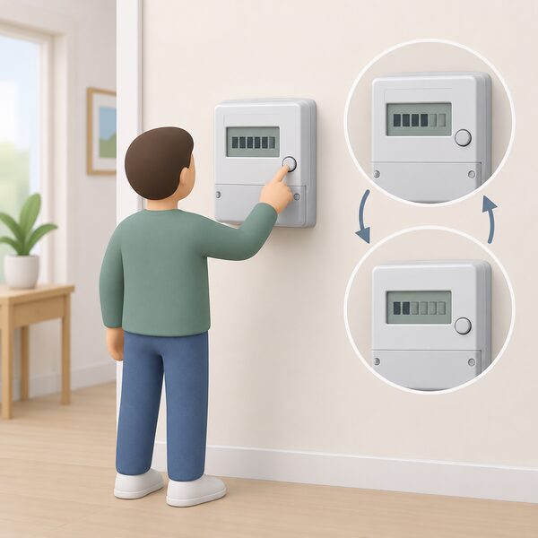 A person pressing the button on a wall-mounted digital two-rate electricity meter, with the display showing one register, and a second view of the same meter showing the other register after the button has been pressed again.