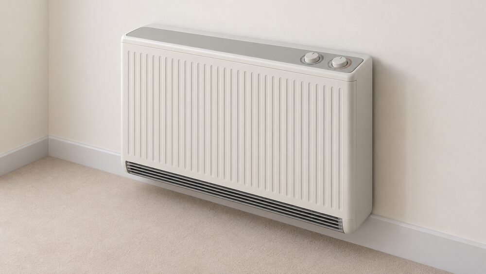 A single wall-mounted night storage heater shown close up, its ribbed metal casing intact, with the input and output control dials visible on the top panel, standing in a plain room corner with nothing else around it.