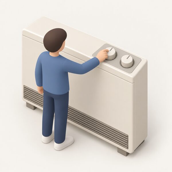 A close-up of an older storage heater's top control panel showing two round manual dials side by side, the input (charge) dial and the output dial, with a simplified isometric figure adjusting one dial by hand.