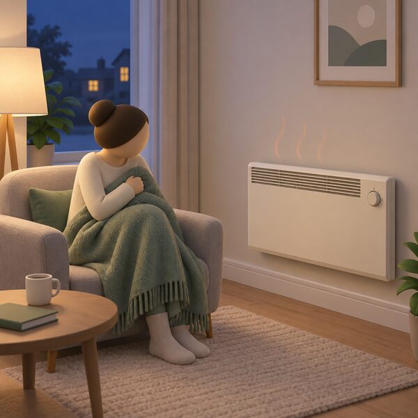 An evening living room scene with a storage heater against the wall, its output control set low, a simplified figure seated nearby wrapped in a blanket, and gentle fading heat lines rising from the heater to suggest warmth declining as the bricks cool.