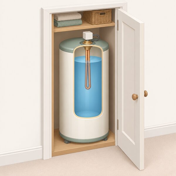 A household hot water cylinder with an immersion heater fitted at the top, shown in a simple cutaway of an airing cupboard so the heater element screwed into the cylinder crown is clearly visible as the second overnight Economy 7 load.