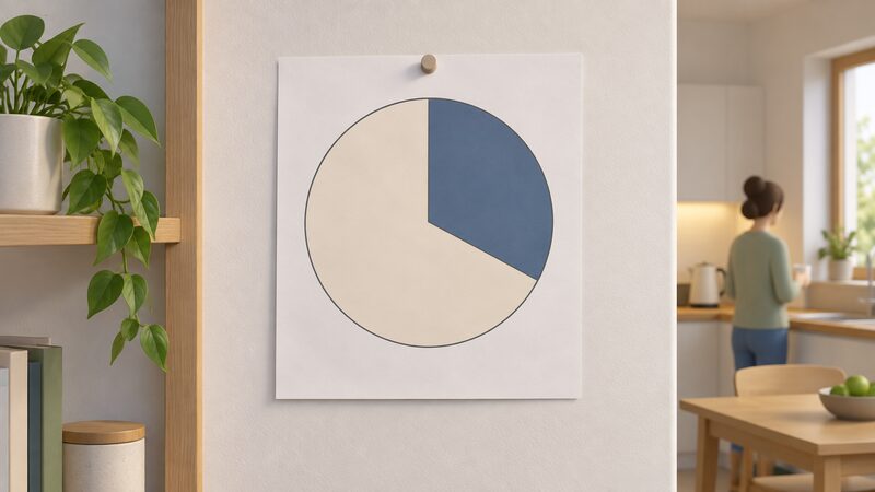 A printed sheet pinned to a wall showing a simple 24-hour clock face as a plain circle divided into a shaded seven-hour night block covering the midnight-to-7am cheap period and a lighter band for the remaining seventeen peak hours, with no numerals or words.