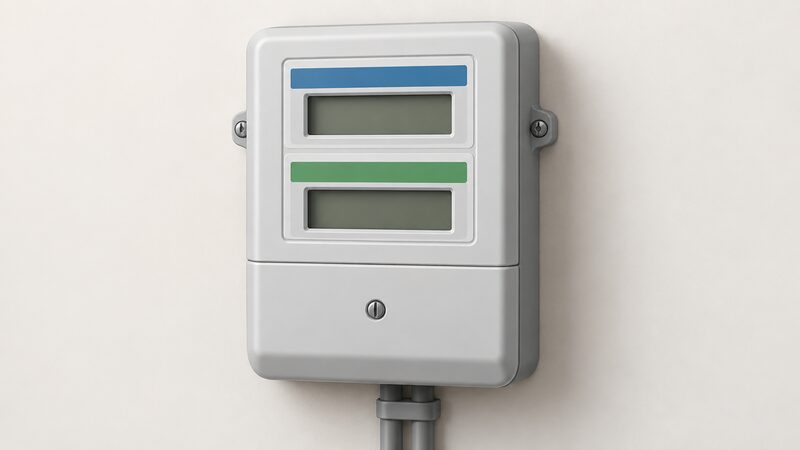 A close-up view of an Economy 7 electricity meter mounted on a wall, drawn as a physical object with two separate register displays shown as blank digital windows, one above the other, each with a plain colour band marking the low and normal rate registers.