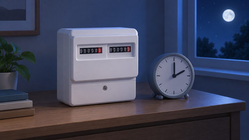 A white dual-register electricity meter standing on a table beside a round analogue clock whose hands point into the small hours, with a small moonlit window behind showing it is night, all lit by dim blue night light.