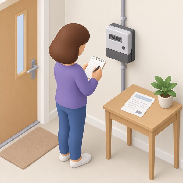 A householder standing beside their electricity meter writing a reading on a notepad, with a bill lying on a nearby table, showing the practical test of taking two meter readings over a full billing period.