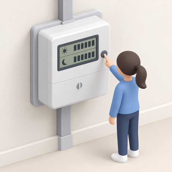 A close-up of an electronic Economy 7 meter mounted on a wall inside a home, with a simplified isometric figure pressing the button on the meter so the display shows two separate readings, the top one for the day rate and the bottom one for the night rate.