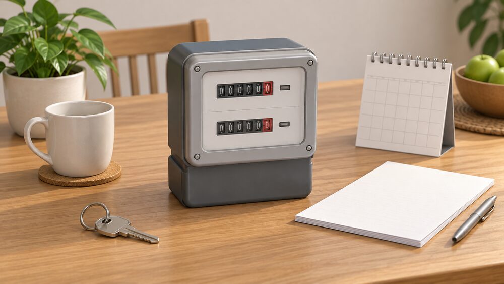 A two-register electricity meter with two separate dials sits on a kitchen table beside blank paperwork, a plain calendar and a house key, representing the choice between two multi-rate tariffs for a storage-heated home.