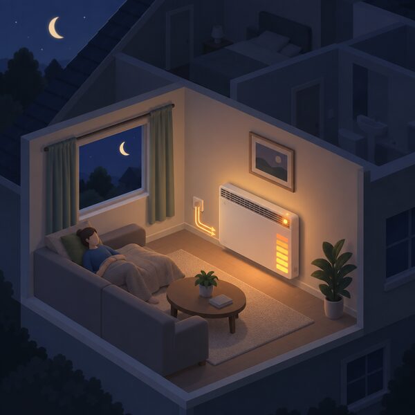 A night-time living room scene with a storage heater on the wall drawing electricity to charge its heat store, shown with a glowing indicator that its charge is building while the rest of the house sits dark during the overnight off-peak window.