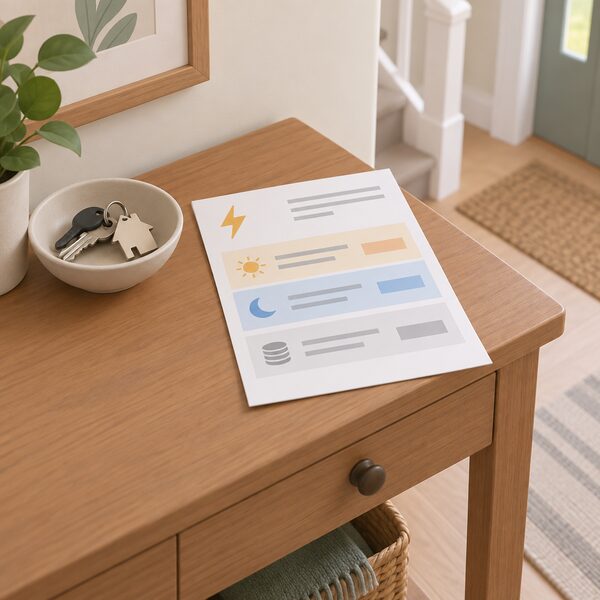 A paper electricity bill lying on a domestic hallway table beside a house key bowl, its page showing two plain colour-banded rate blocks, one for daytime units and one for off-peak units, plus a standing charge line, all content as blank lines and blocks with no readable figures.
