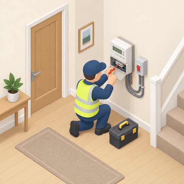 A small isometric installer figure kneeling at a domestic electricity meter on an interior wall, fitting a new Economy 7 meter into the supply with the meter front open and a screwdriver in hand, in a plain home hallway setting.
