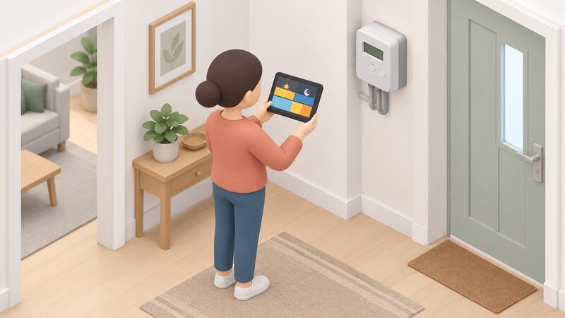 A small isometric figure stands in a home looking at a smart meter in-home display held at eye level, its screen showing two plain colour bands representing peak and off-peak periods with separate costs, with the smart electricity meter on a wall nearby.