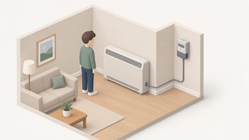 A storage heater standing against a living-room wall, connected by visible cable to an Economy 7 electricity meter on an adjacent wall, with a simplified isometric householder figure beside it, showing the heater and meter as the linked pair affected by the supplier readiness gap.