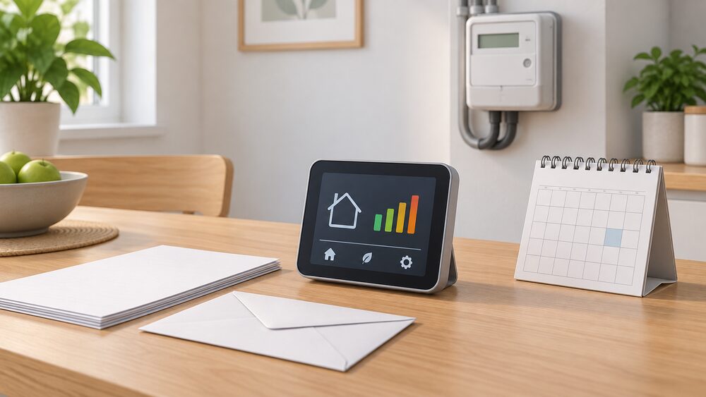 A smart electricity meter's small display unit standing on a kitchen table beside blank paperwork, an envelope and a calendar, with the meter itself visible on the wall behind.