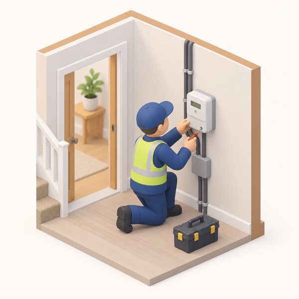 A small simplified isometric installer figure fitting a smart electricity meter on an inside wall of a home, screwing the meter into place beside the existing wiring, with a toolbox on the floor, showing a typical installation during the national rollout.