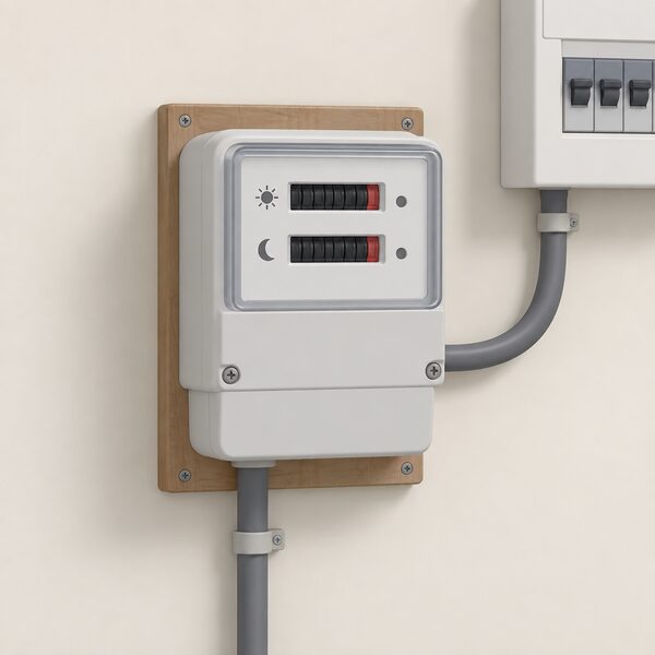 A dual-rate electricity meter of the kind used for Economy 7, shown mounted on an interior wall of a home with its two registers visible and a supply cable entering from below and a outgoing cable leaving to the household consumer unit.