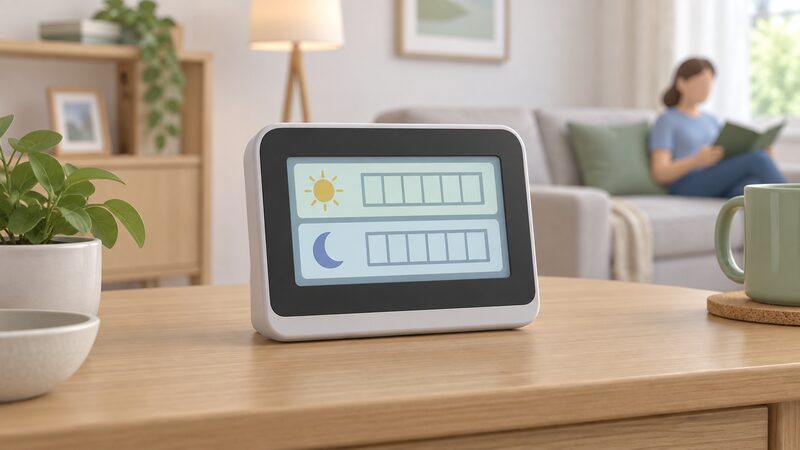 A close-up of a smart meter in-home display on a table or wall bracket inside a home, its screen showing two separate registers as plain blank number blocks, one labelled for the day rate and one for the night rate, with no readable figures.