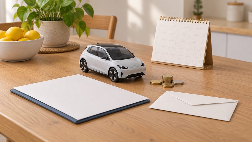 A small model electric car beside a blank contract folder, a plain envelope and a few coins on a kitchen table, with a wall calendar standing behind them.