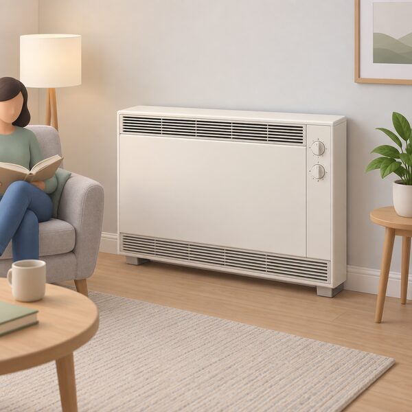 A storage heater standing against the wall of a simply furnished home room, shown as the classic appliance paired with an Economy 7 tariff, with its charge-control dials and vents visible and no other equipment in the scene.