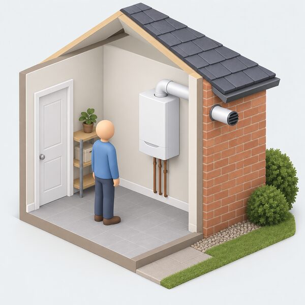 A cutaway view of a home showing a wall-mounted gas boiler indoors with its flue pipe passing horizontally through the outside wall, a small simplified figure standing beside the boiler, and the flue terminal visible on the exterior brickwork.