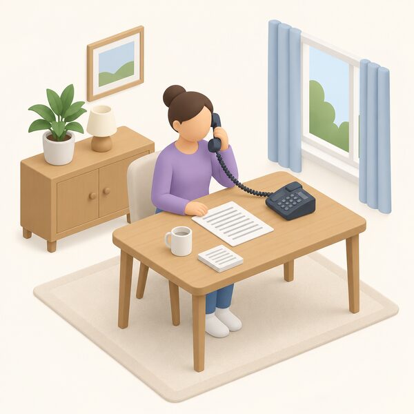 A simplified isometric figure sits at a home table holding a telephone handset to their ear, making a call to escalate an unresolved complaint, with a printed complaint letter or notes lying on the table beside them.
