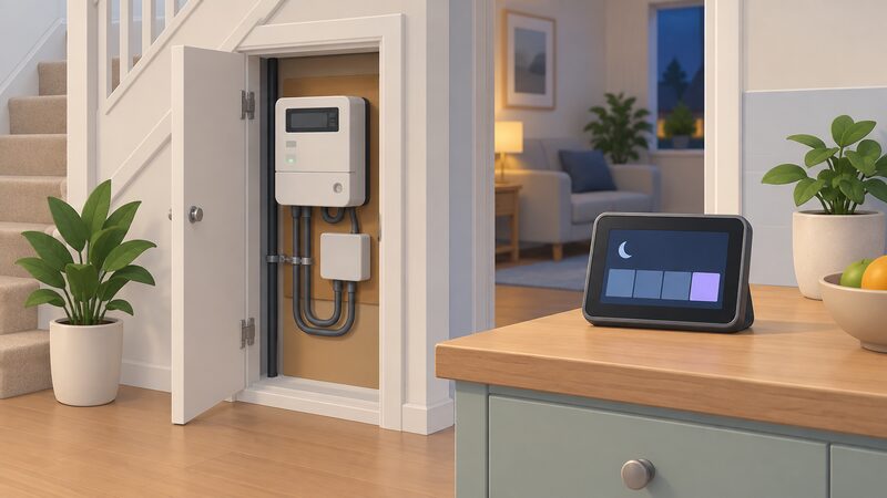 A smart electricity meter fitted inside a UK home with its separate in-home display nearby, the screen showing a plain night-rate reading as simple blocks, illustrating the smart meter required for the fixed EV tariffs.