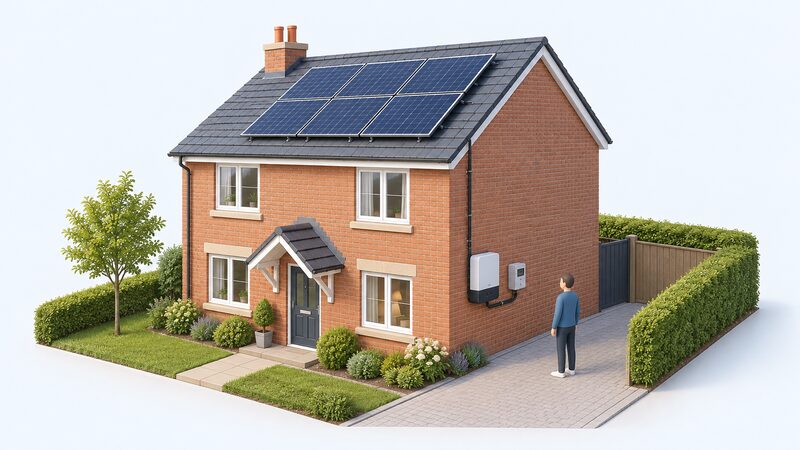 A UK house with solar panels on the roof, and on the outside wall below an inverter and a separate export meter connected by conduit, with cabling running up to the roof array.