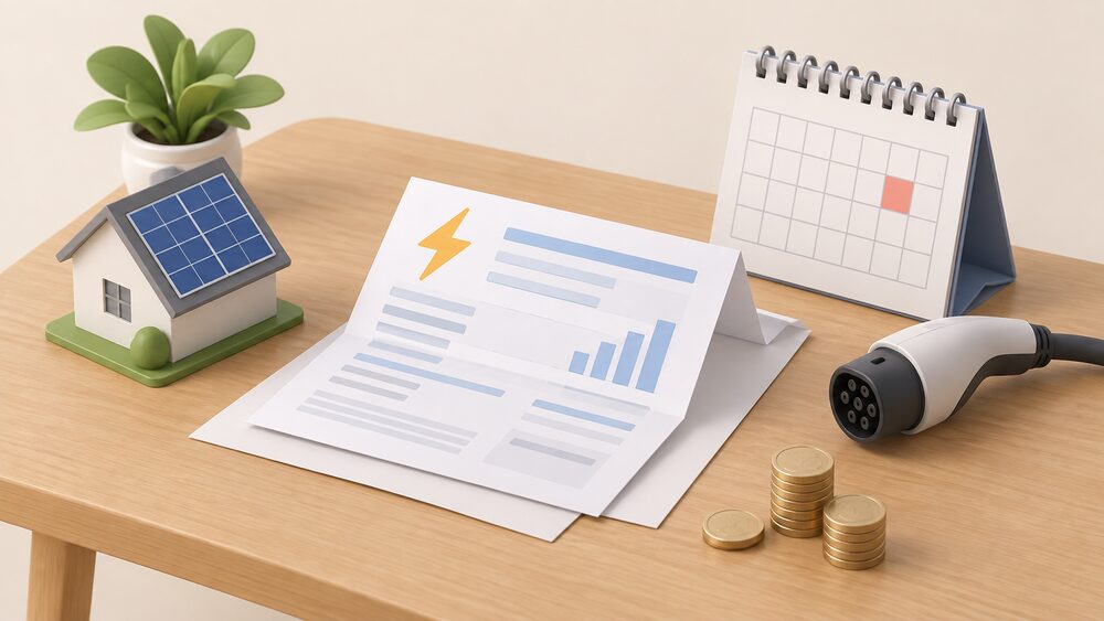 A small kitchen table arrangement with a folded energy bill lying on blank paperwork, a wall calendar beside it, a small model of a rooftop solar panel and a car charging plug resting nearby, and a few coins stacked at the corner.