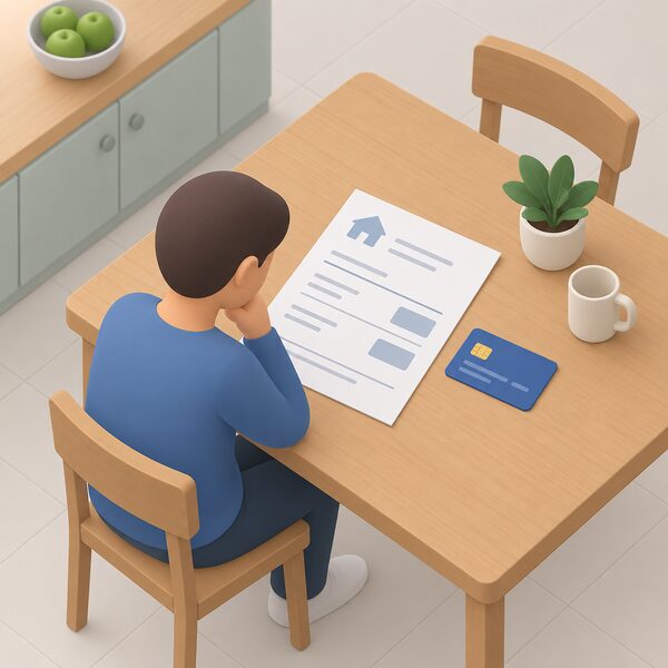 A paper household energy bill lying on a kitchen table showing a fixed unit rate and a direct debit payment amount as blank line items, beside a payment card, with a small isometric figure reading it.