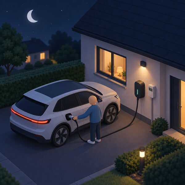 A dark night-time scene outside a home where an electric car is plugged in by a cable to a wallbox charger mounted on the house wall, with a small isometric figure connecting the plug, showing overnight off-peak charging at home.