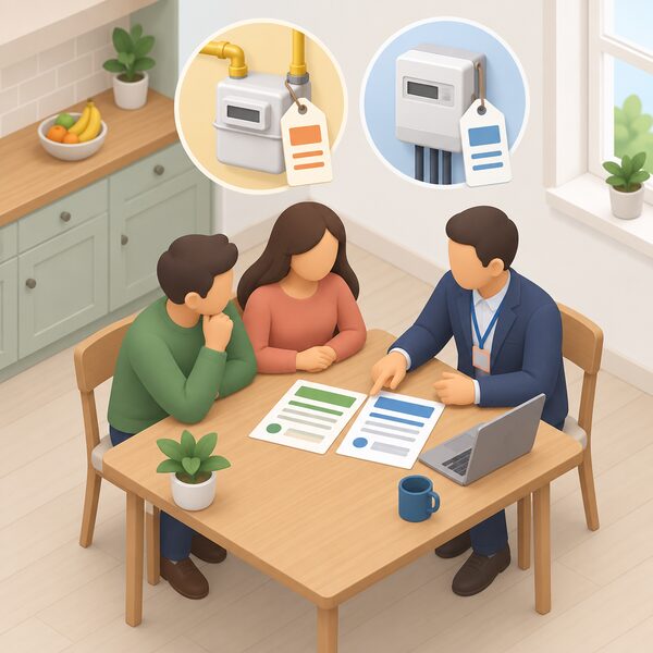 A household at a kitchen table comparing two printed energy deals, with a representative of the incoming supplier guiding the switch, while a gas meter and an electricity meter in the background each carry a plain fee tag showing a charge applies per fuel outside the fee-free window.