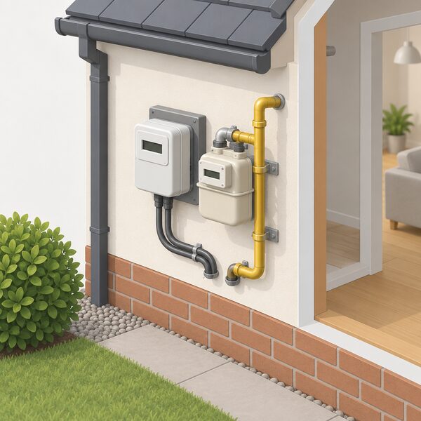 An exterior wall of a simple house with an electricity meter and a gas meter mounted side by side, each connected by pipes and cable into the property, with no paperwork, label or contract shown anywhere.