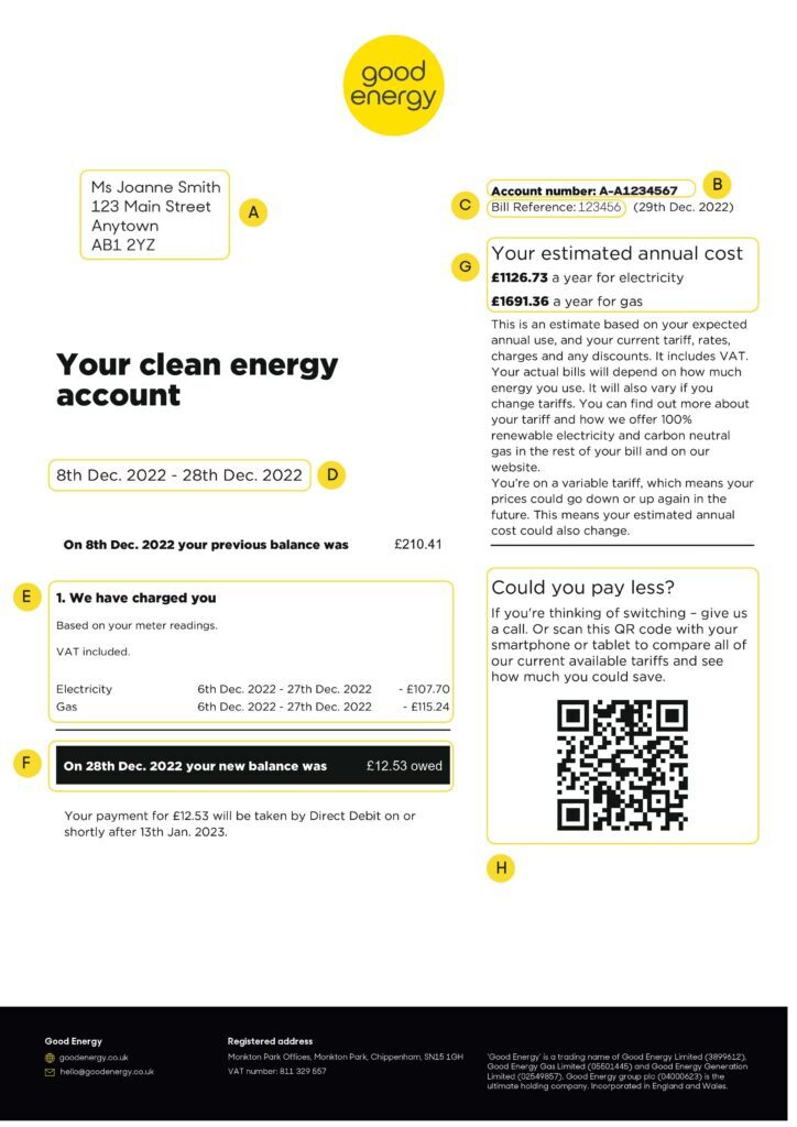 An annotated example Good Energy energy bill explaining account charges, balances and tariff details