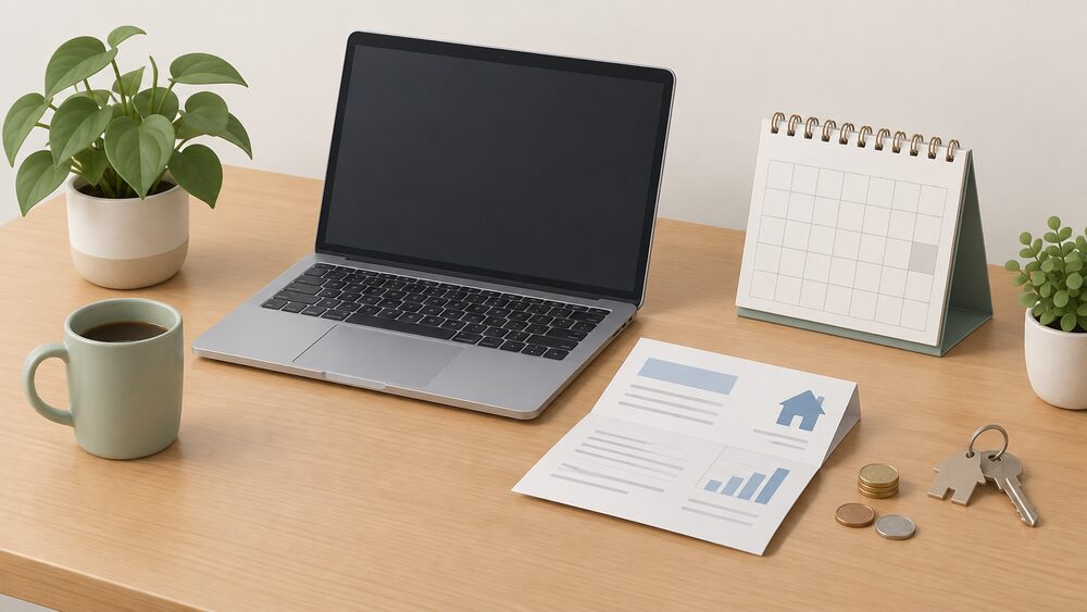 A small tabletop arrangement showing a folded energy bill lying on a table beside a laptop with a blank screen, a few coins, a wall calendar and a house key, suggesting a household checking which tariff it is on.